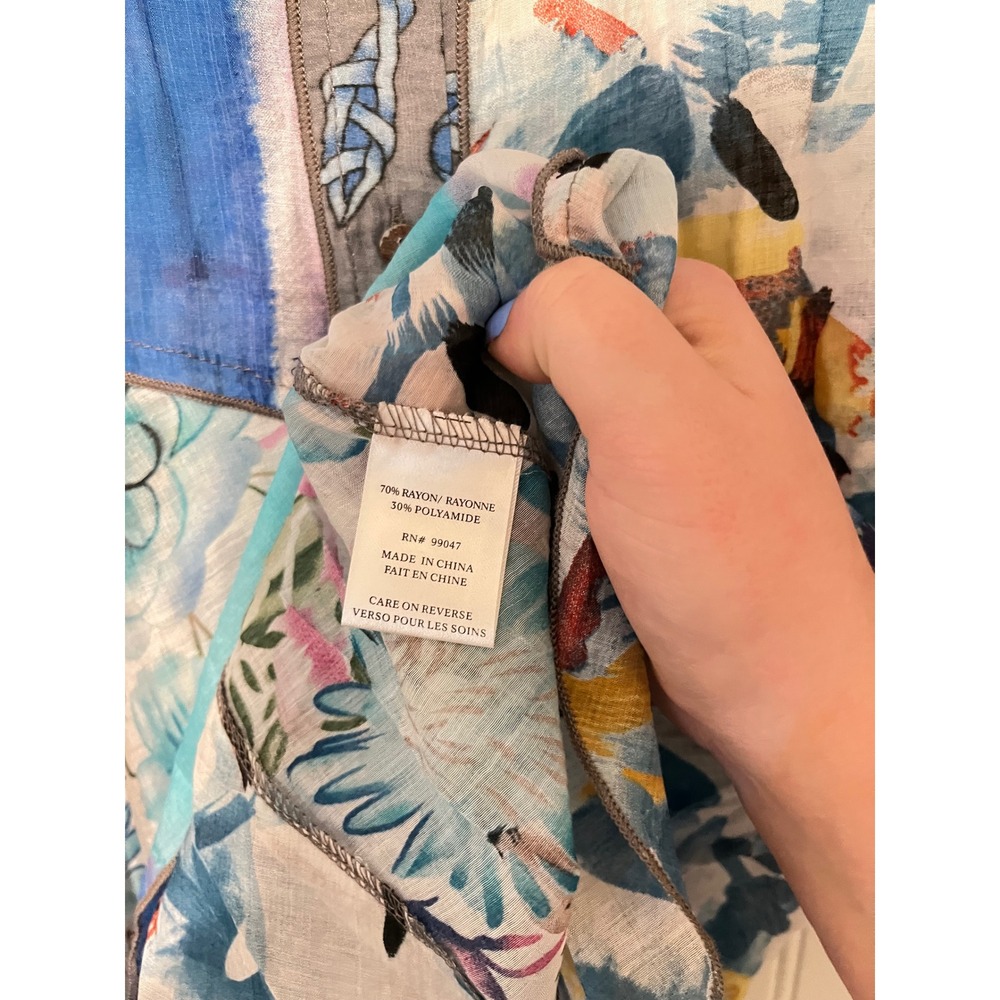 Fleur de Lis Tunic Top Womens Small Blue Floral Patchwork Art to Wear - Picture 7 of 8